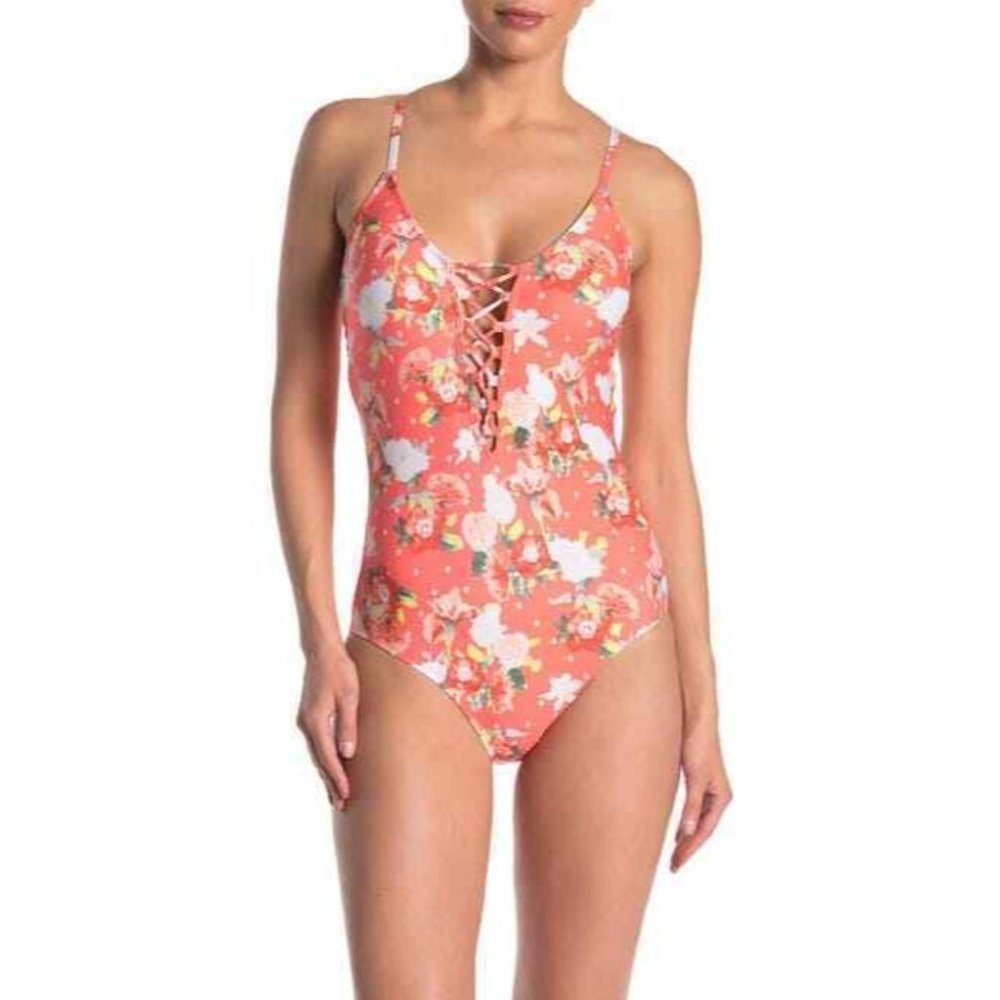 Laundry by Design NWOT M Flowerpot Dotty Dot Lace-Up One-Piece Swimsuit